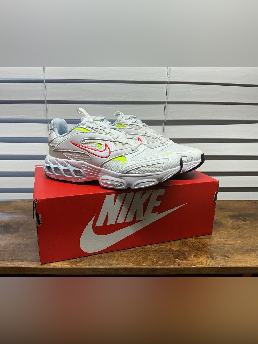 Nike Womens White Sneakers zoom Air Fire with Neon Yellow and Pink Swoosh